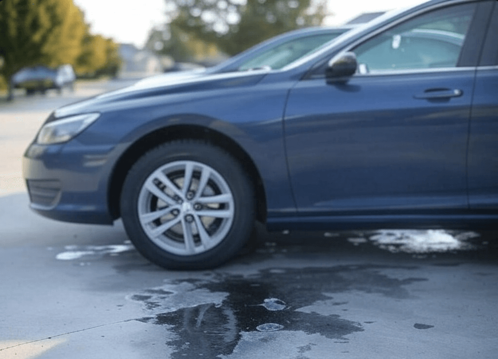 Coolant leaking under a car, a common sign of a faulty thermostat