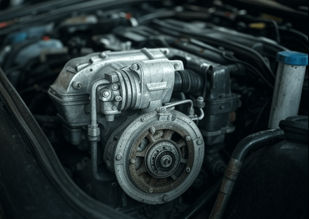 Diagram showing a car engine with a visible water pump and coolant circulation