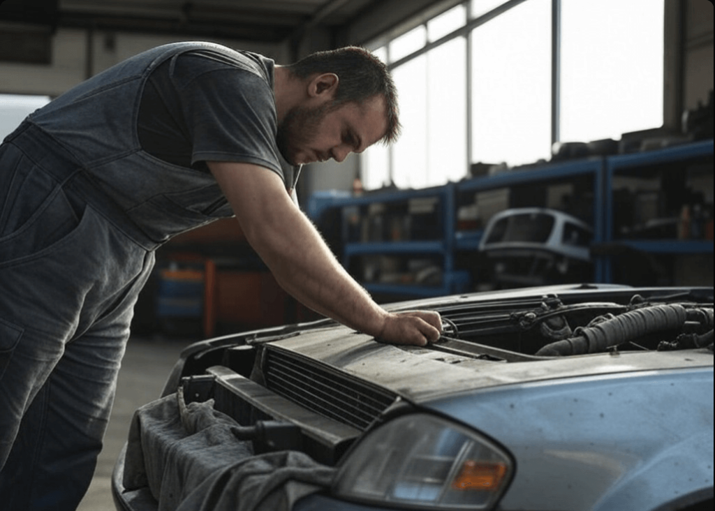 Mechanic inspecting the radiator and thermostat to fix a car overheating issue