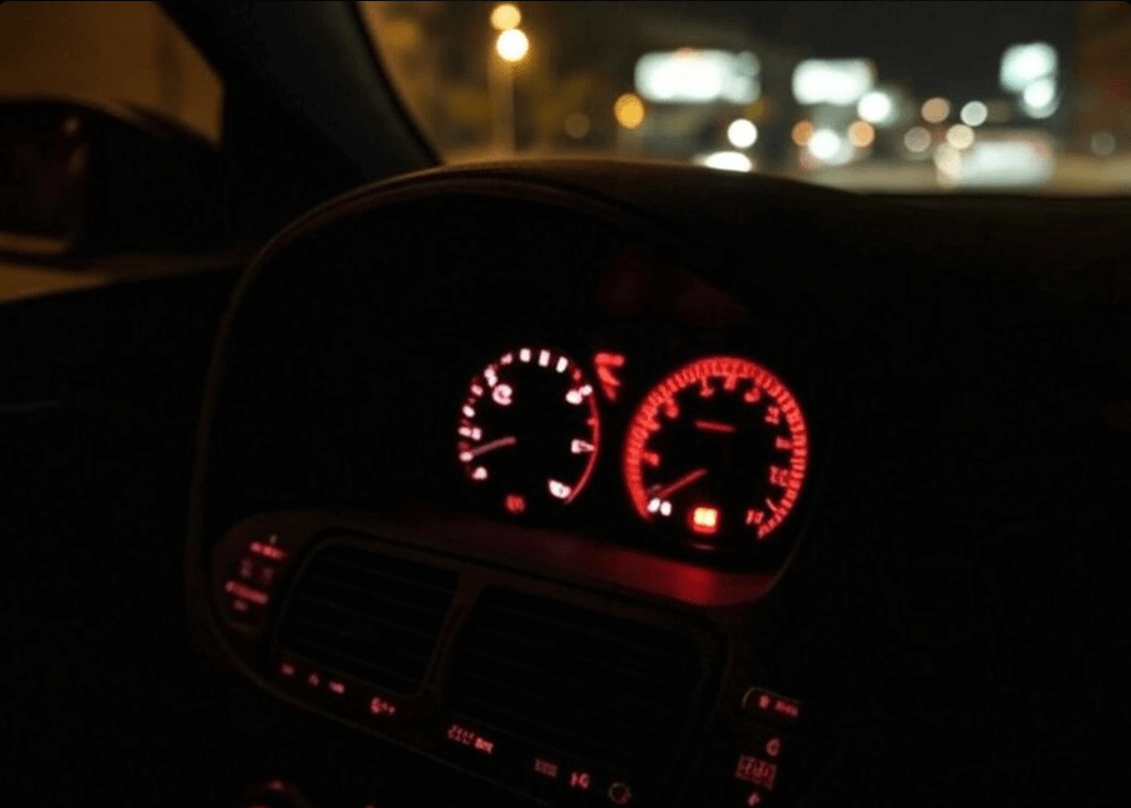 car dashboard showing temperature gauge in the red zone, a sign of car overheating